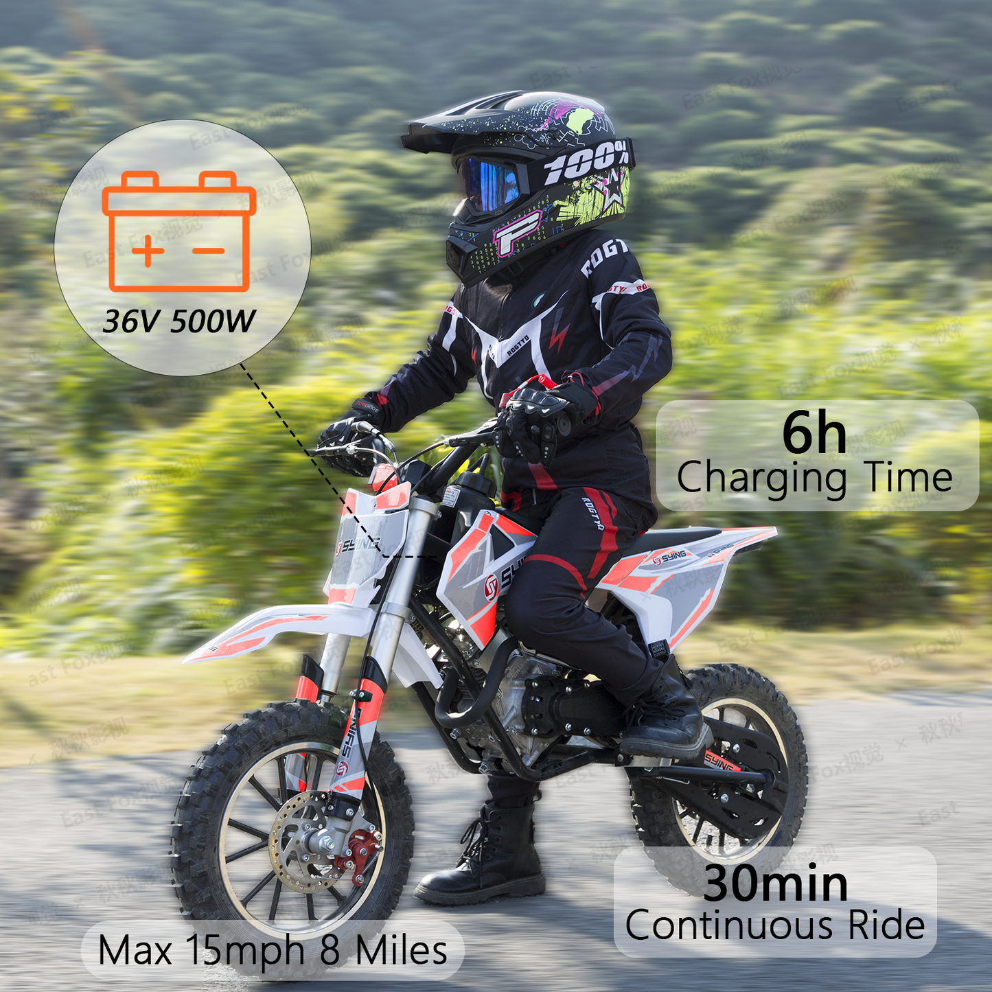 SYING MOTO Electric Dirt Bike, 36V 500W Off-Road Electric Motocycle for Kids 8-14 Yrs,15 MPH Peak Speed,Dual Suspension High Torque Motor for Mountain Roads and Trails