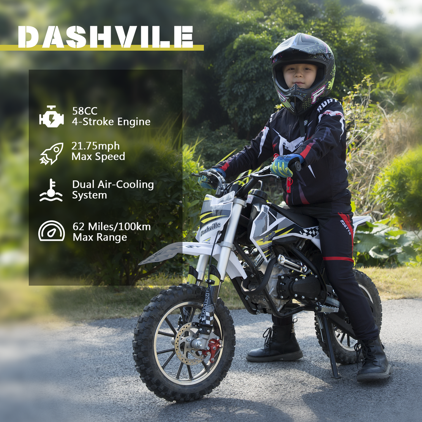 DASHVILLE 58cc Dirt Bike, 4-Stroke Gas Power Mini Pit Bike, Gas Dirt Bike for Kids, Mini Bike, Off-Road Motorcycle