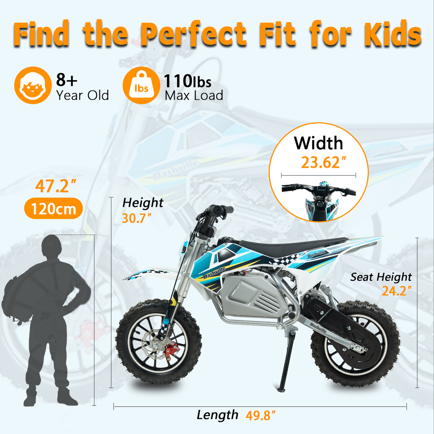 DASHVILLE Electric Dirt Bike for Kids, 36V Electric Powered Off-Road Mini Motorcycle, 800W Peak Dual Suspension High-Torque Motocross Motor, Up to 15MPH, 8 Miles Long Range