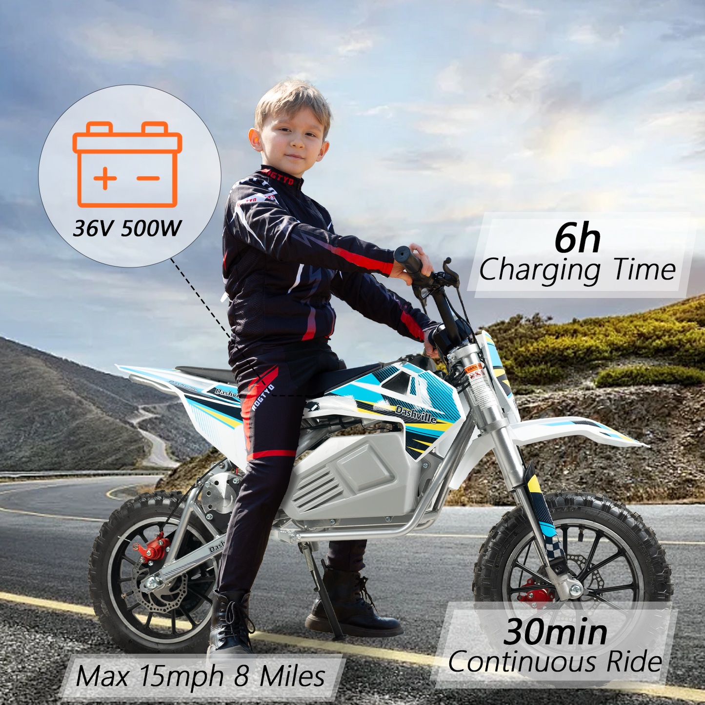 DASHVILLE Electric Dirt Bike for Kids, 36V Electric Powered Off-Road Mini Motorcycle, 800W Peak Dual Suspension High-Torque Motocross Motor, Up to 15MPH, 8 Miles Long Range
