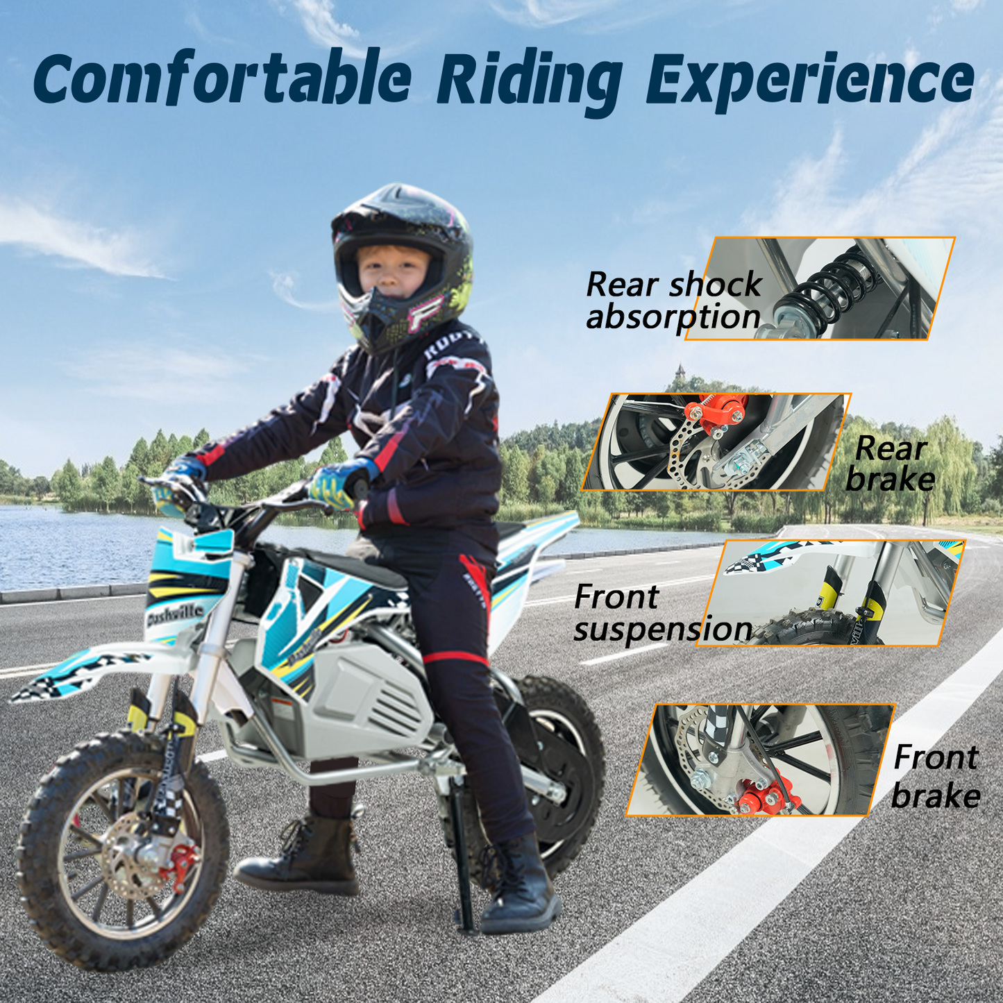 DASHVILLE Electric Dirt Bike for Kids, 36V Electric Powered Off-Road Mini Motorcycle, 800W Peak Dual Suspension High-Torque Motocross Motor, Up to 15MPH, 8 Miles Long Range