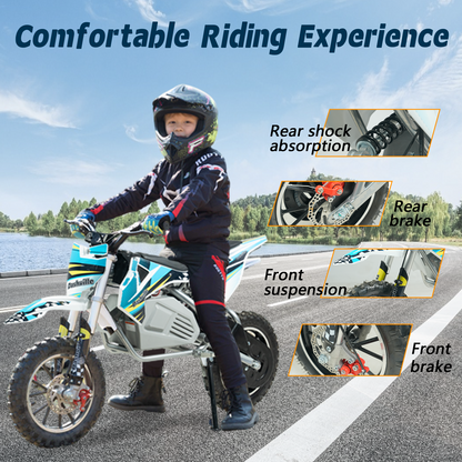 DASHVILLE Electric Dirt Bike for Kids, 36V Electric Powered Off-Road Mini Motorcycle, 800W Peak Dual Suspension High-Torque Motocross Motor, Up to 15MPH, 8 Miles Long Range